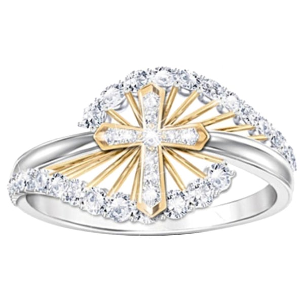 Kvinnor Dual Tone Rhinestone Inläggningar Cross Finger Ring Bröllop Engagement Smycken US 6