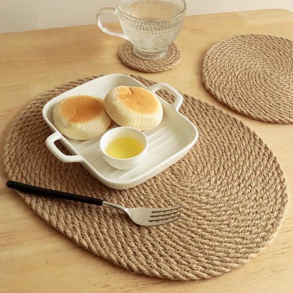 3 stk. Runde Halm Linned Hjem Spisebord Isolering Pad Coaster