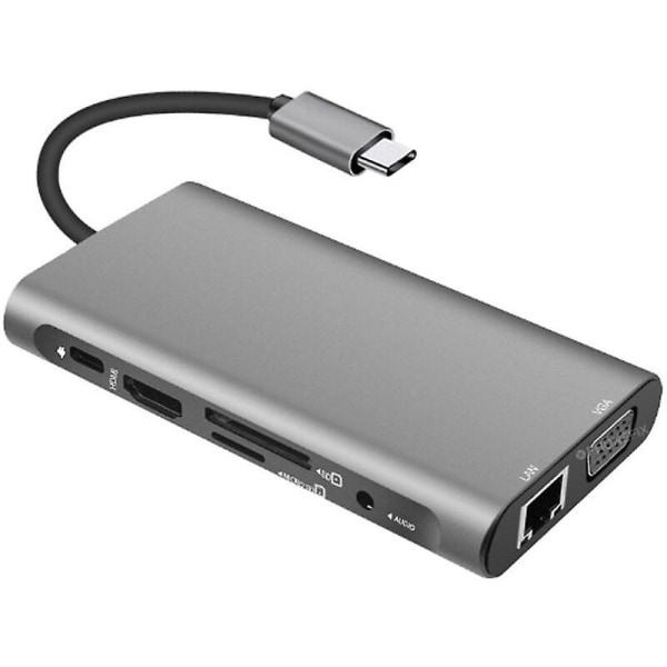 10-i-1 USB-C Hub Multiport Dokkingsstasjon med 4K HDMI, VGA, USB 3.0