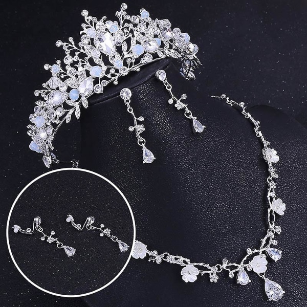 Bryllup Crown Flower Rhinestone Crystal Halskjede og øredobber smykker sett for brude 2