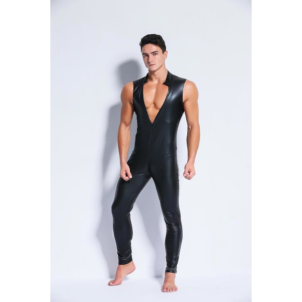 Sexet Mænd Wet Look Latex Catsuit Faux Læder To-vejs Lang Lynlås Skridt Body Night Club DS Jumpsuit Lingerie Kostume Black-B M