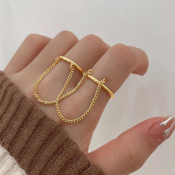 Dobbelt Finger Kæde Ring Stabelbar Justerbar Unisex To Lag Kæde Åbningsring Smykker Gave Silver