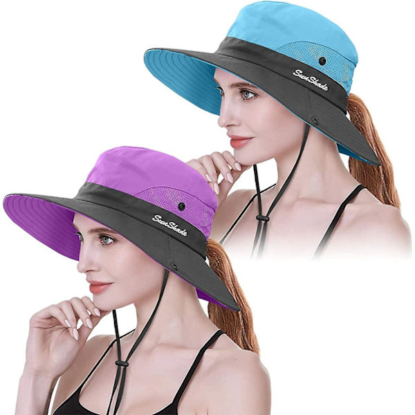 2-pack Damhatt med UV-skydd, bredbrättad Boonie-hatt, hopfällbar, för fiske och vandring Purple   Sky Blue