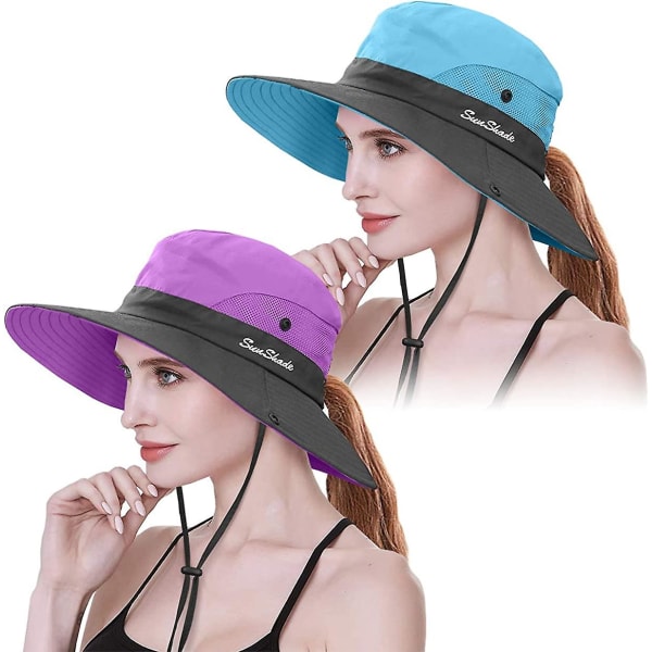 2 Pieces Womens Ponytail Uv Protection Sun Hat Packable Wide Brim Boonie Cap For Fishing Hiking