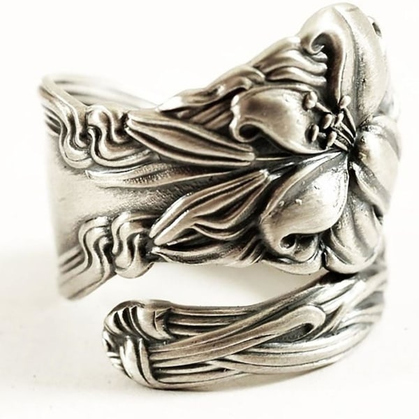 Justerbar All-matched Silver Färg Kvinnor Ring Handgjorda snidade blomma öppning Ring Smycken Accessaries