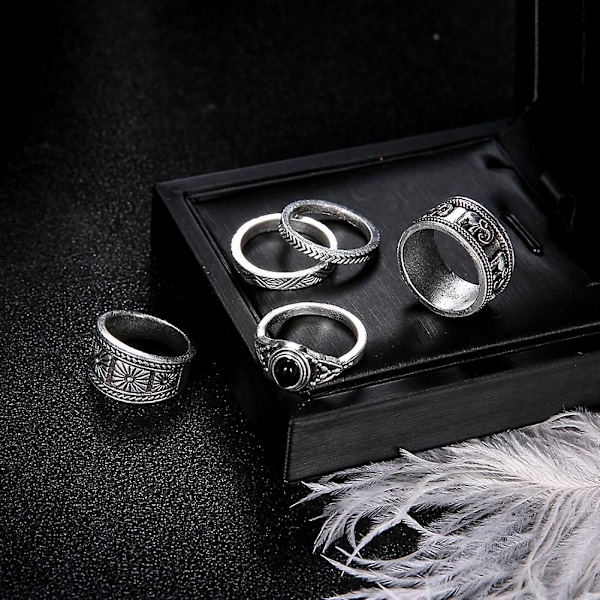 5-pack Carving Elephant Round Stone Stacking Ring för Kvinnor Retro Knuckle Smycken