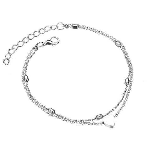 Layered Anklet Armband Dual-layer Simple Love Heart Ankel Chain Elegant handledsfot smycken present till Silver