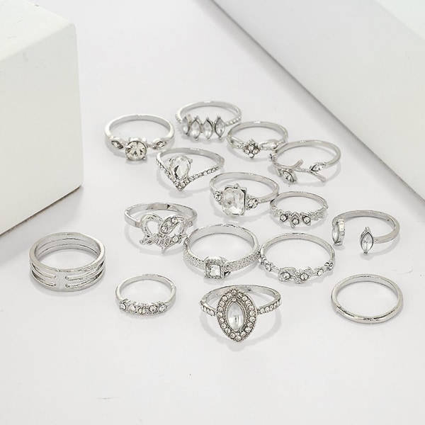 15 st/ set Kvinnor Bohemian konstgjord ädelsten Rhinestone Finger Ring Smycken Gift
