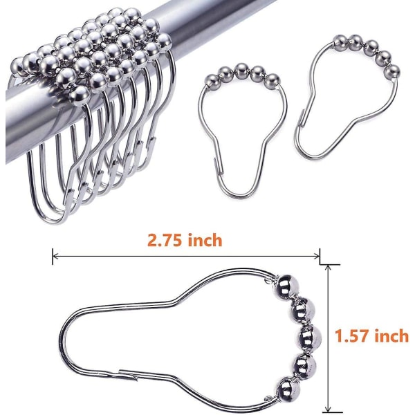 Duschdraperikrokar Draperiringar i rostfritt stål med polerade metallkulor Kraftiga Gardinringar för badrum Set med 12 krokar