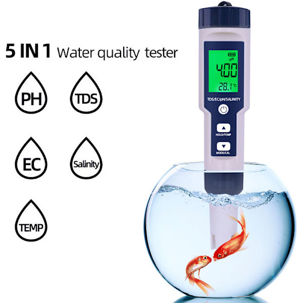 EZ9909PH Multifunktionel PH-Testpen Vandkvalitetstester PH Salt Temperatur TDS EC Fem i En