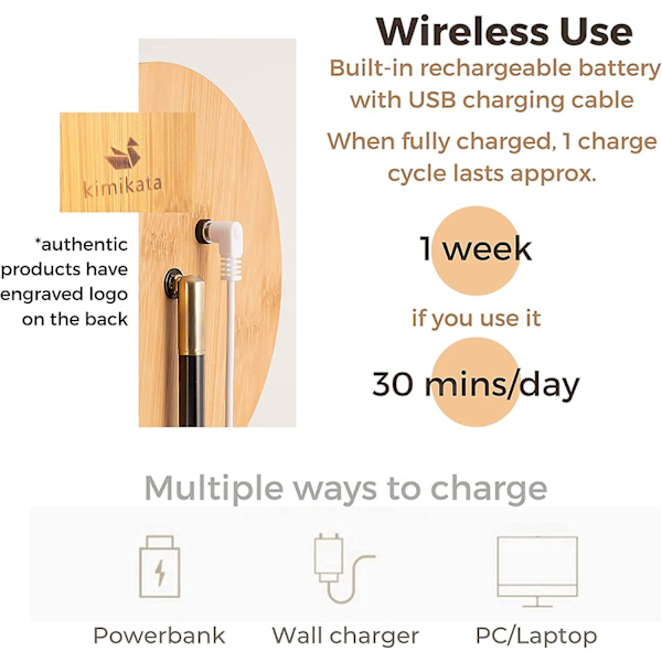 Ljus LED-smink spegel fåfänga spegel med 3 färgljus, sladdlös USB uppladdningsbart batteri, 360 rotation, bambu trä skönhetsförvaringsbricka, Ta