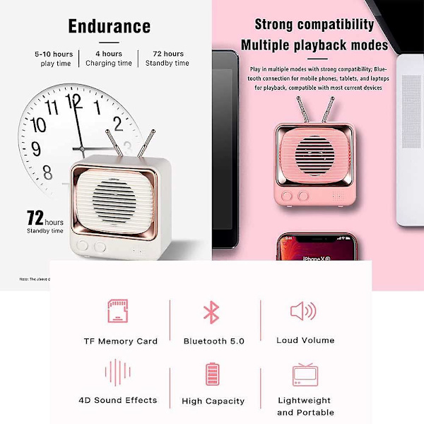 Retro Bluetooth-högtalare Mini-kort Trådlös Subwoofer Rosa,