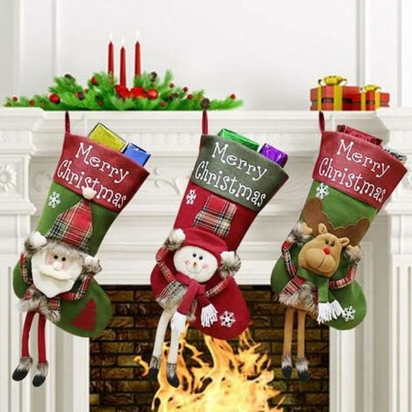 Julstrumpor, 3-pack Storlek 23,6 tum, Jultomte/Snögubbe/Rensdjur Julkaraktärer Eldstadsprydnad