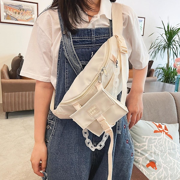 Enkel axelväsk, college-stil för kvinnor, mjuk tjej, student, nylon midjeväska A916-980 White