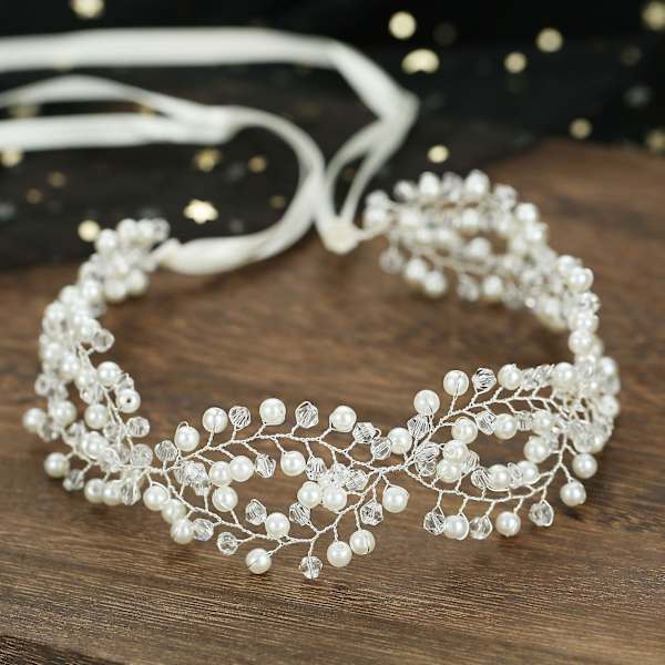 Bryllupshovedbånd Krystal Perle 8-karakter Twisted Beaded Hårkæde Hovedbeklædning Hårpynt Silver