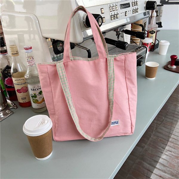 Enkel Plaid Skuldertaske Student Kvinde Fritids Dobbelt Brug Canvas Taske Casual Shopping Tote Pink