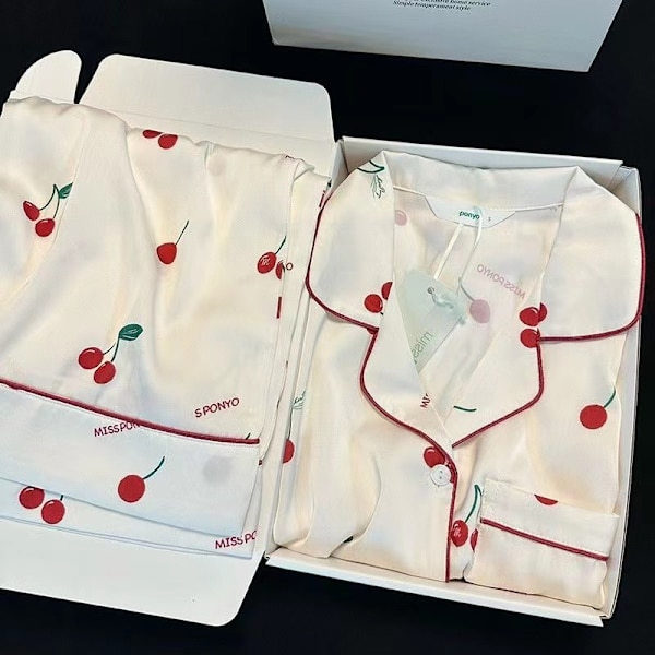 Pyjamas för kvinnor, vår & sommar, långärmad, is siden, lyxig spets, imitationssilke, tunn hemmaklädset L