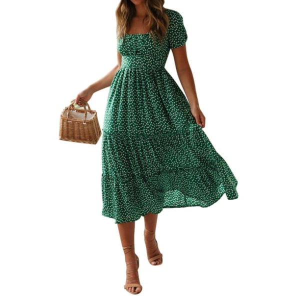 Kuuma naisten lyhythihainen print kesäinen casual keskipitkä swing-mekko Green 2XL