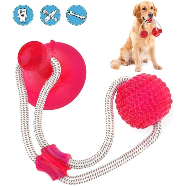 Husdjursleksak, självspelande gummibollsleksak med sugkopp Hundtuggrep Interaktiv bollleksak Valpträningsrep för tandrengöring Röd,