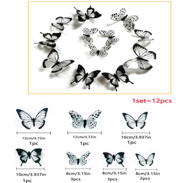 12st Svart Vit 3D Butterfly Home Decor Wall Stickers