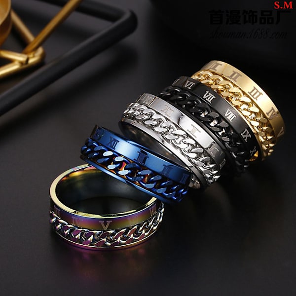 Unisex Mode Titanium Stål Romerska Siffror Vridkedja Ring Fest Smycken Present Multicolor US 10