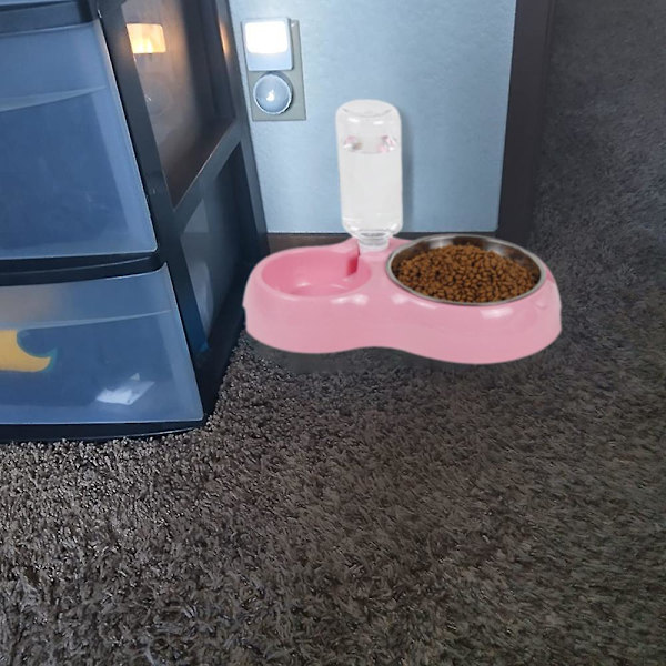 Dubbla skålar i rostfritt stål för husdjur, spillfria, matare för husdjursmat och vatten med automatisk vattenflaska Pink