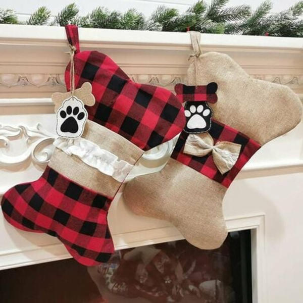 Jule-Strømpe til Hunde, 2 Pakker, Burlap Plaid, Hængende Knogle-Strømper, Pejs, Træ, Julepynt