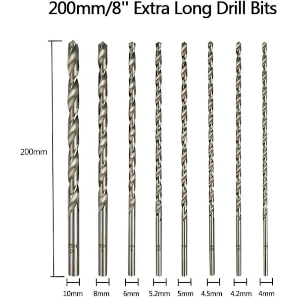 200mm 8 stk. ekstra langt bor, sæt med HSS bor, lige skaft med diameter på 4mm, 4.2mm, 4.5mm, 5mm,