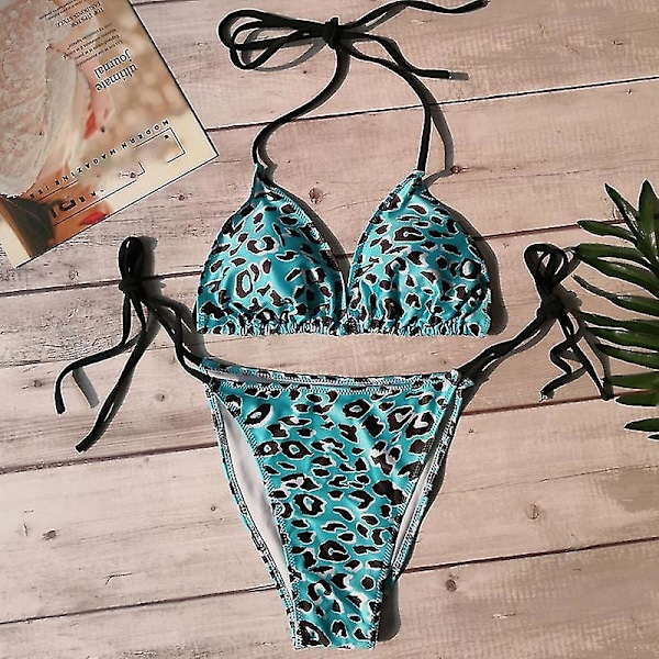 Kvinnlig Sexig Bikini Tanga Set Vadderad Push Up Baddräkt Sommar Strand Badkläder Leopard Blue M