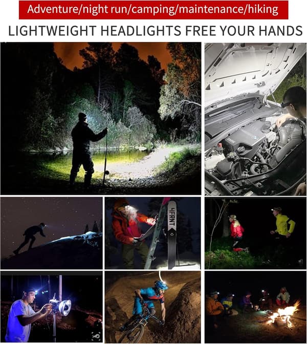 LED COB Hodelykt, Kraftig USB Oppladbar Hodelykt, Hjelm