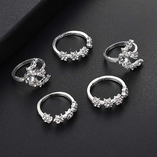 5 stk./sæt Mode Kvinder Rhinestone Indlagt Månestjerne Blomst Stak Midi Ring