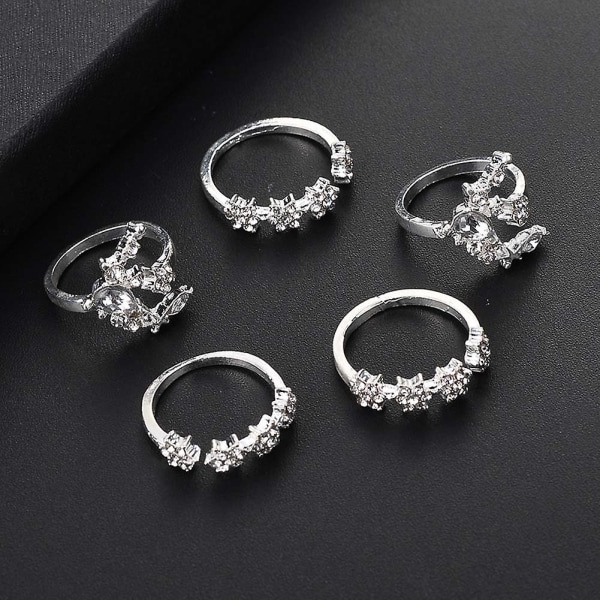 5 stk/sett Mote Kvinner Rhinestone Inlagt Måne Stjerne Blomst Stable Midi Ring