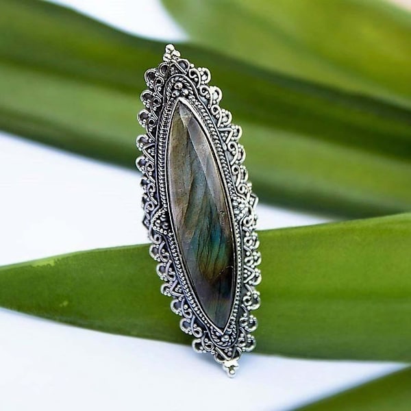 Retro Dam Marquise Cut Faux Labradorite Inlagd Caved Finger Ring Smycken Present US 8