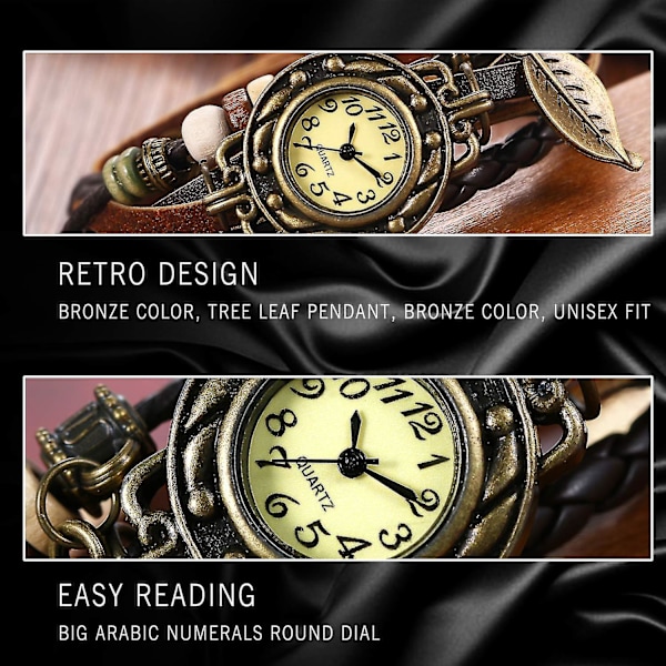 Vintage Håndlavet Læderur Blad Dame Dame Wrap Around Kvartsur Armbånd