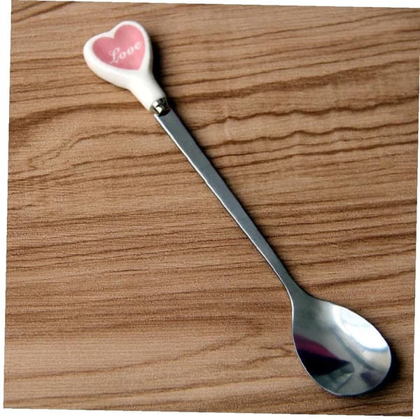 2 Rustfrie Stål Teskeer Hjerteformet Keramisk Dekoreret Kaffe Mælk Dessert Sukker Pinde (Pink)