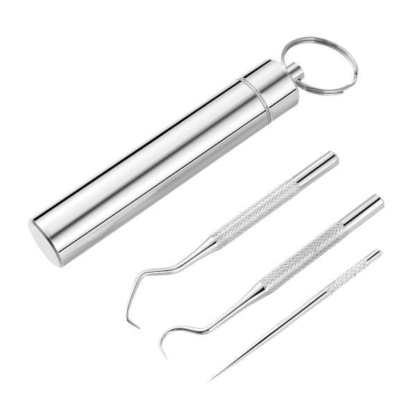 Milisten tandpetare i rostfritt stål 3-pack tandrengöringsverktyg i rostfritt stål som består av 1 rak tandpetare och 2 armbågtandpetare