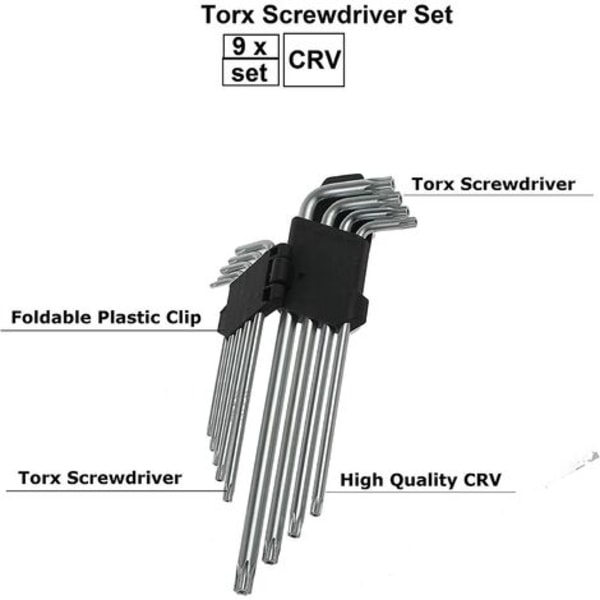 9 stk Torx Allen nøkkelsett stjerne sekskant (metrisk/Torx) lang arm med CRV håndtak Torx offset skrutrekkersett T10 T15 T20 T25 T
