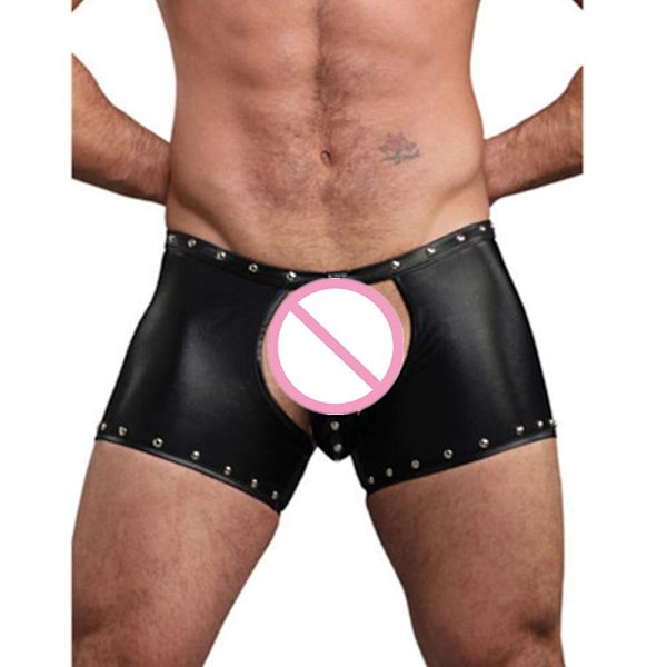 Punk Gotisk Seksuel PVC Shorts Mænd Sort Wetlook Trusser Hul Gays Erotiske Boxers Stangdans Kostume Kunstlæder Spil Uniform XL