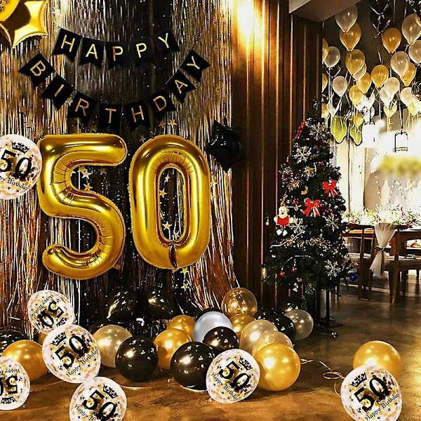 50 Års Svart Guld Födelsedag Dekoration, Grattis På Födelsedagen Banner, Helium Ballong Siffror 50 Xxl, Svart Guld Fransgardin Latex Konfetti Nummer Bord D