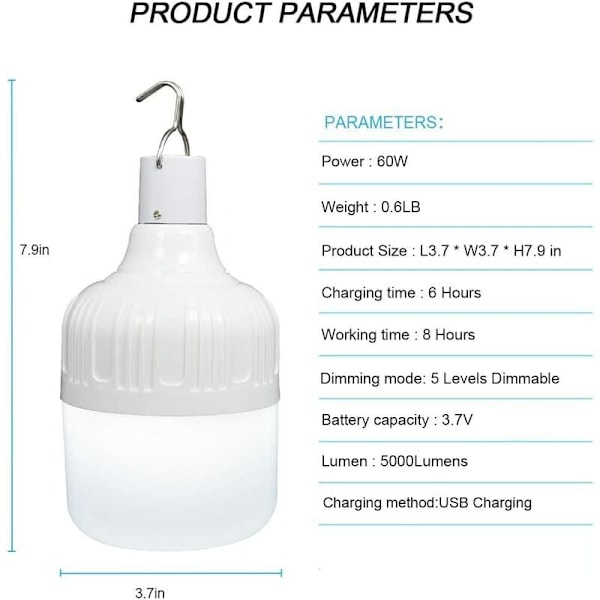 LED-ladattava ulkovalaisin, yövalaisin (5 vaihdetta 60 W (USB-kaapelilla) valkoinen valo),