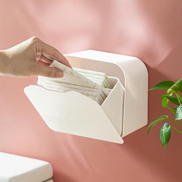 Veggmontert oppbevaringsboks for småting, holder for sanitærbind