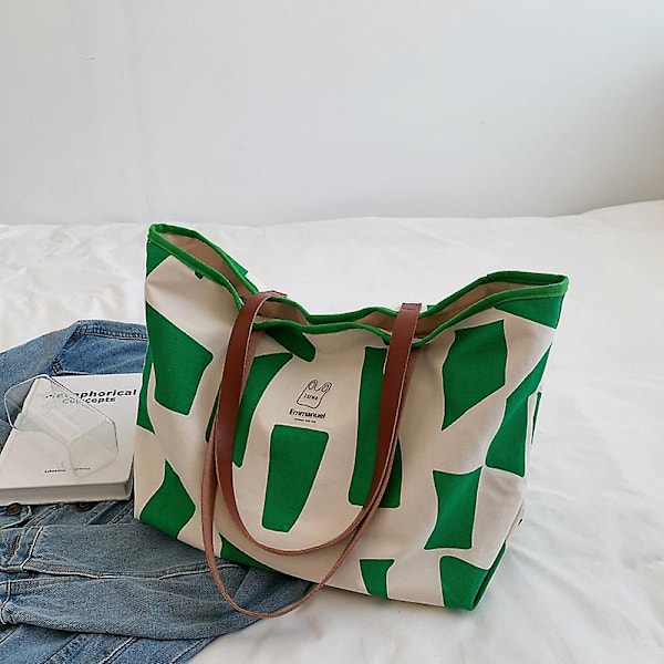 Dam Canvas Väska Stor Handväska Tote Väska Semester Strandväska Shoppingväska Stor Kapacitet Axelväska Hinkväska För Skola Arbete Resa Dragkedja Stängning Green