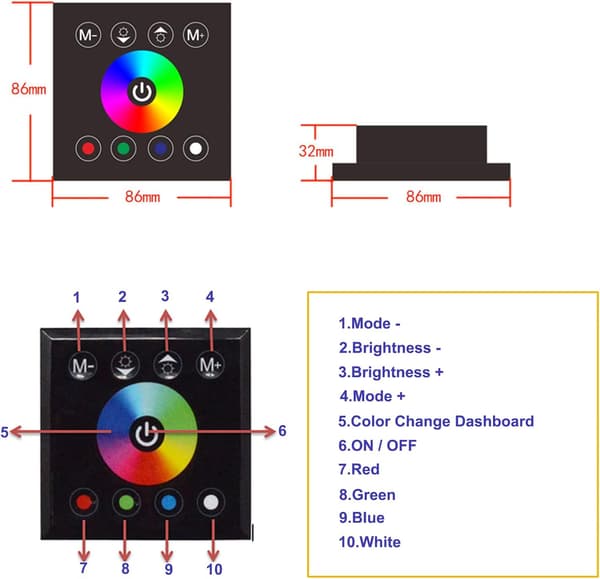 4A LED-controller, 12/24V DC-kontakt, berøringspanel, lysdæmpercontroller til RGBW RGB LED-strips, dæmpbar farveskiftende