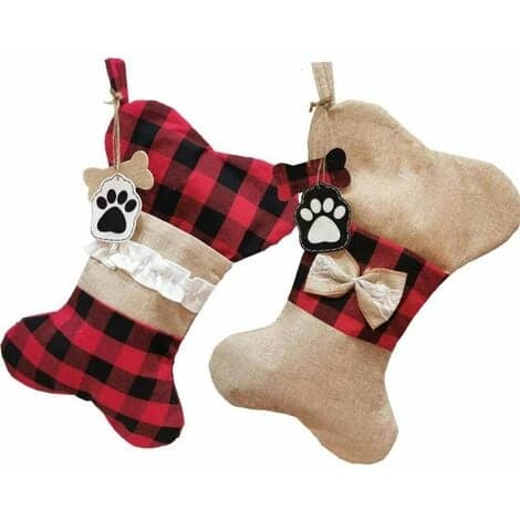 Jule-Strømpe til Hunde, 2 Pakker, Burlap Plaid, Hængende Knogle-Strømper, Pejs, Træ, Julepynt