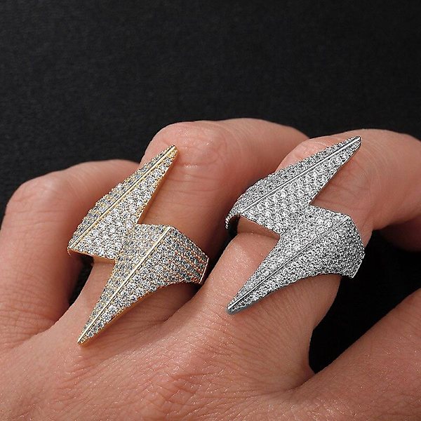 Hiphop-mode Bling Lightning Ringar Isad Ut Cubic Zirkon Guld Silver Färg Personlighet Smycken Storlek 7-11 För Män Kvinnor Gold