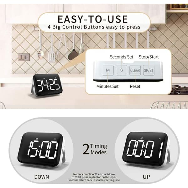 Digital Køkken Timer - Magnetisk Nedtællingstimer med Stor LED-Skærm