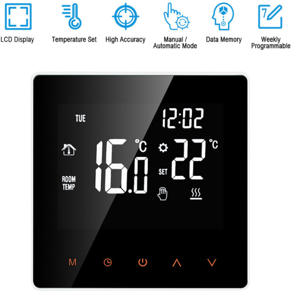 LCD-kosketusnäyttöinen älykäs termostaatti, vesikiertoinen lattialämmitys, seinäasennuskattila, sähköinen lattialämmitystermostaatti, viikoittainen ohjelmointi (oranssi painike valkoinen