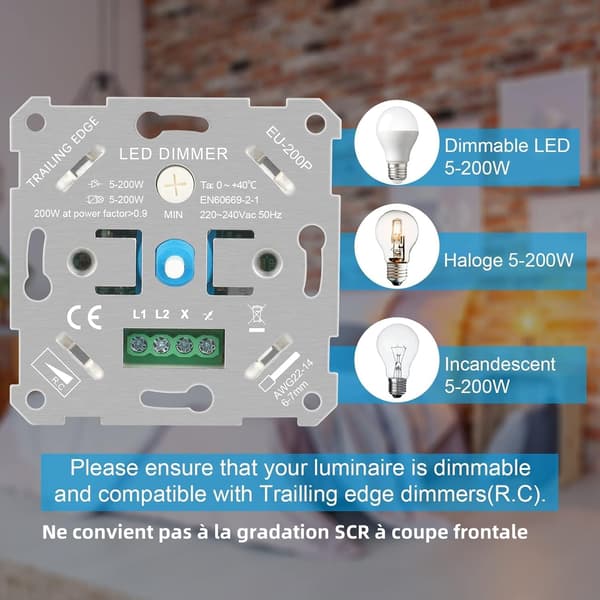 LED Dimmerbryter 5-200W, 220V-240V Dimbar LED Dimmerbryter, Roterende LED Dimmer for Dimbar LED og Halogenlamper