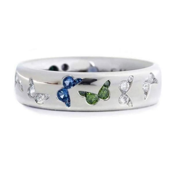 Glansfuld Kvinde Ring Butterfly Mønster Rustfrit Elegant Blandet Farve Dame Finger Ring Til Bryllup Blue US 8