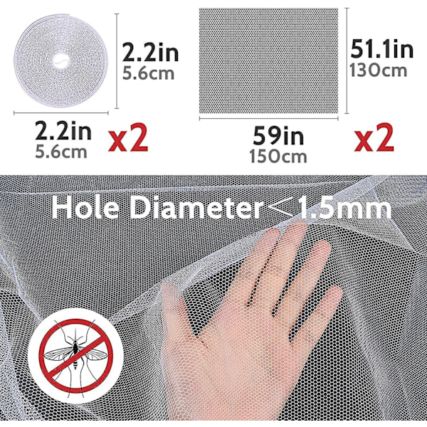 2 stk Myggnett for Vindu, Insektnett, 130cm*150cm, Myggnett med Selvklebende Strimler, Vindunett Myggnett, Hvit